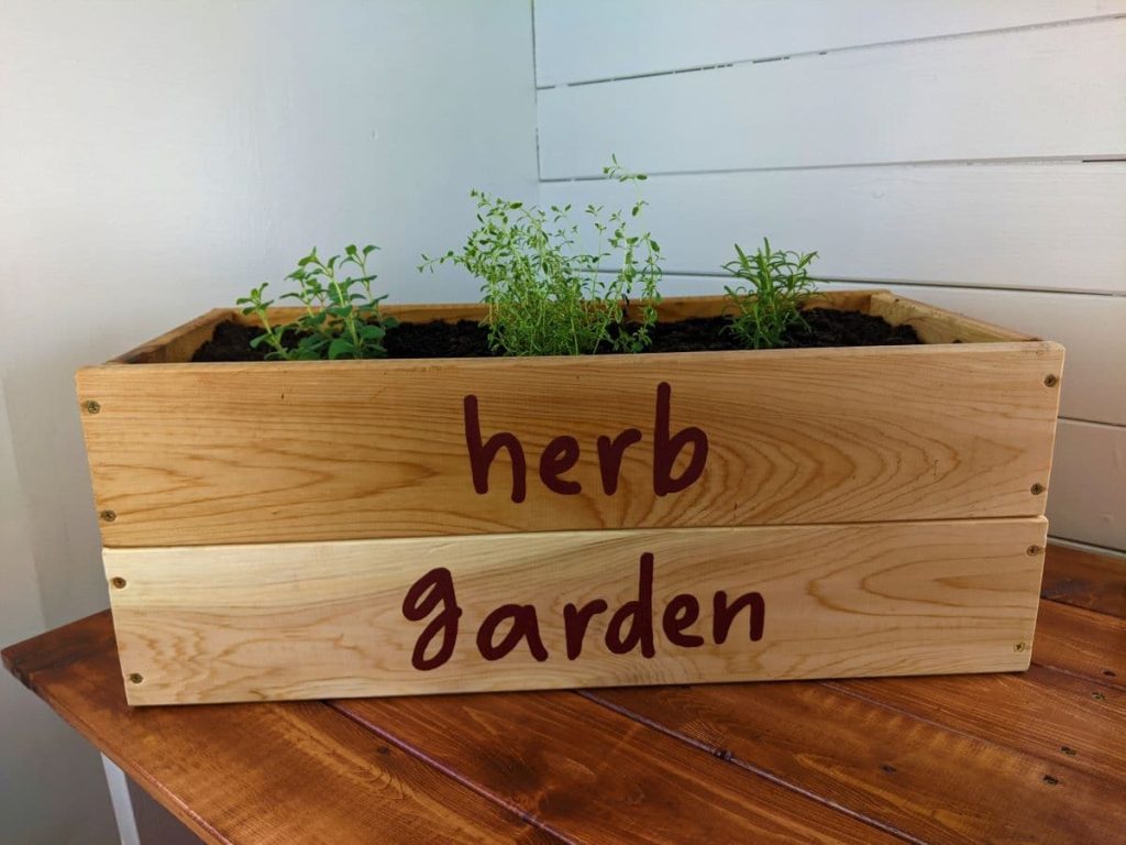 wooden herb box with herbs planted in it on a table