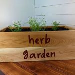 wooden herb box with herbs planted in it on a table