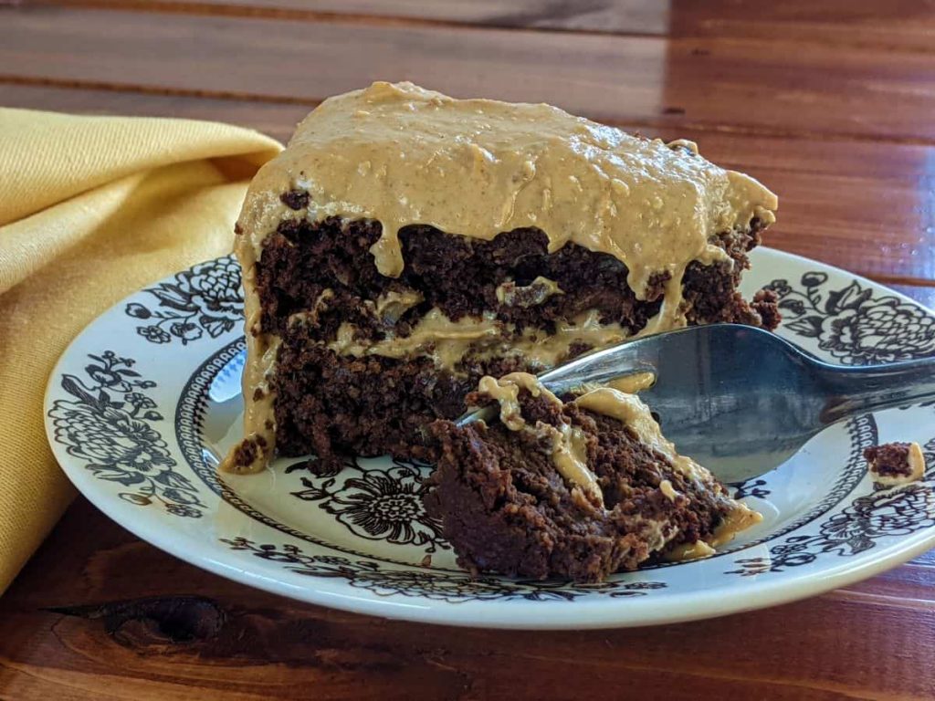 a piece of cake with a serving dish, fork, and napkin on a tabletop