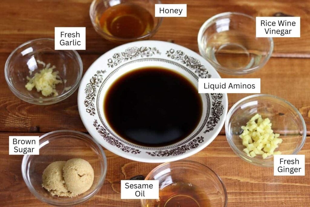 small bowl of liquid aminos surrounded by condiment dishes of ingredients; garlic, honey, rice wine vinegar, ginger, sesame oil, and brown sugar.