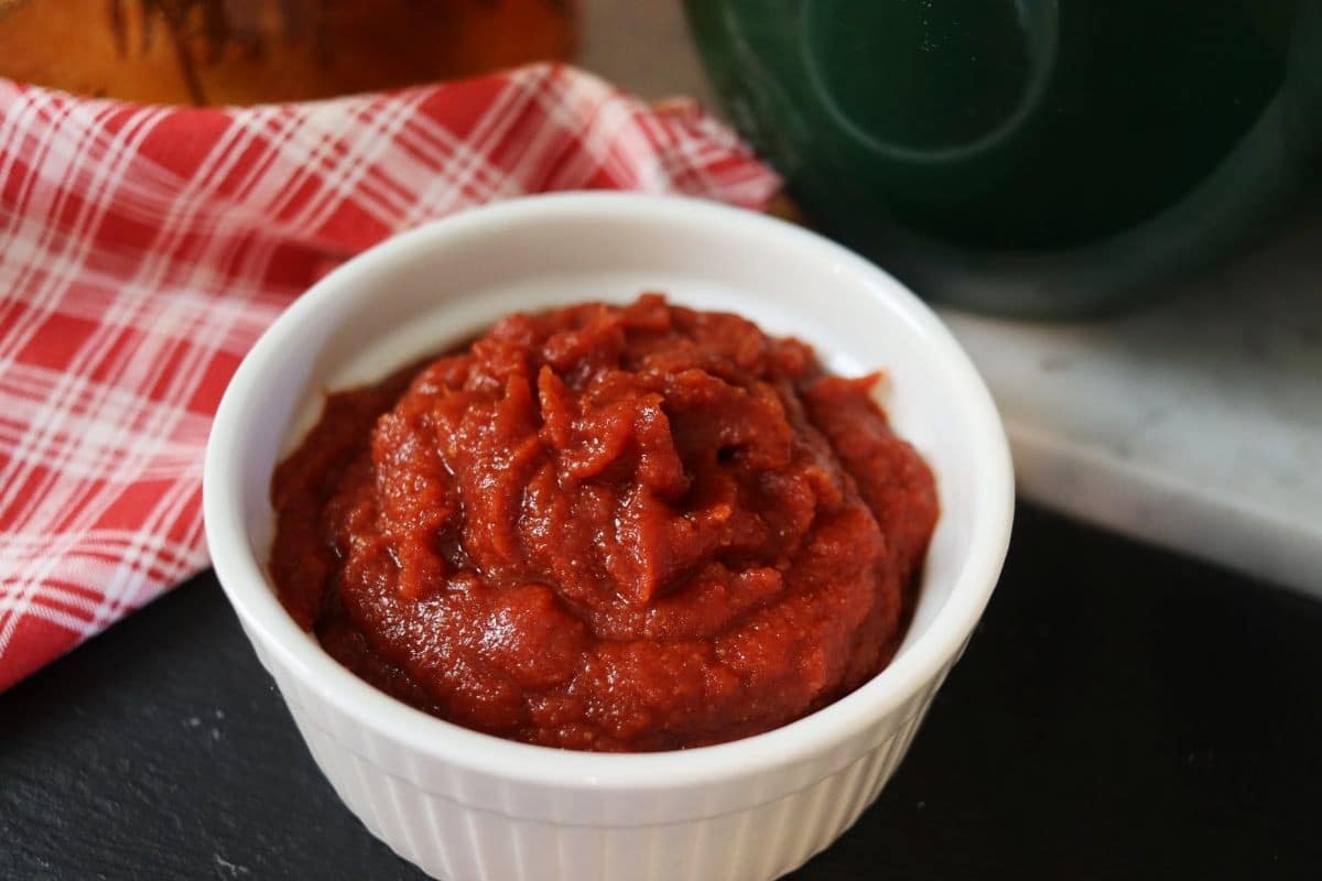 A white ramekin filled with thick, red ketchup sits on a dark surface next to a red plaid cloth and a green container.
