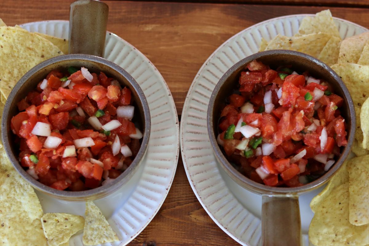 Two bowls of fresh salsa containing diced tomatoes, onions, and green peppers are placed on plates surrounded by tortilla chips, set on a wooden table.