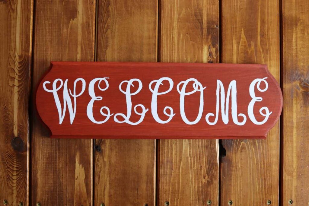 welcome sign painted and stenciled with handmade toxin free milk paint