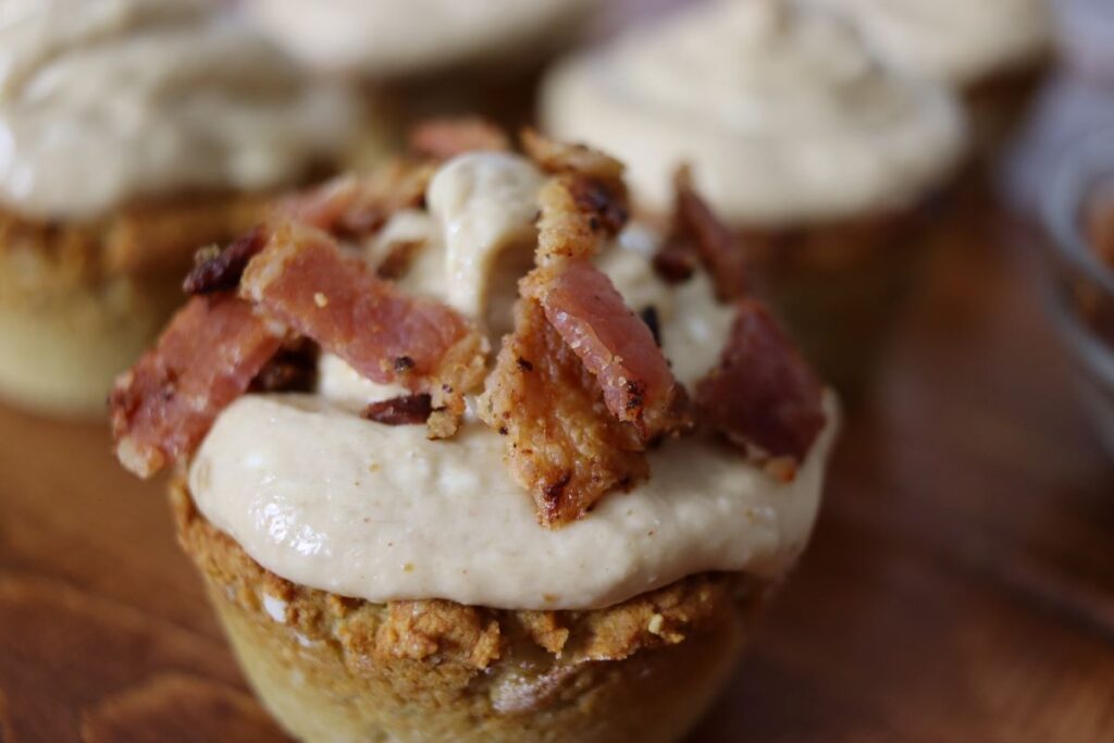 close up of a homemade peanut butter bacon pupcake