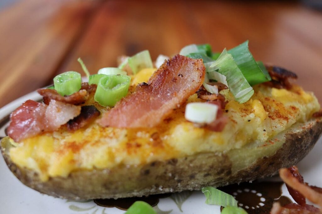 close up of a classic twice baked potato