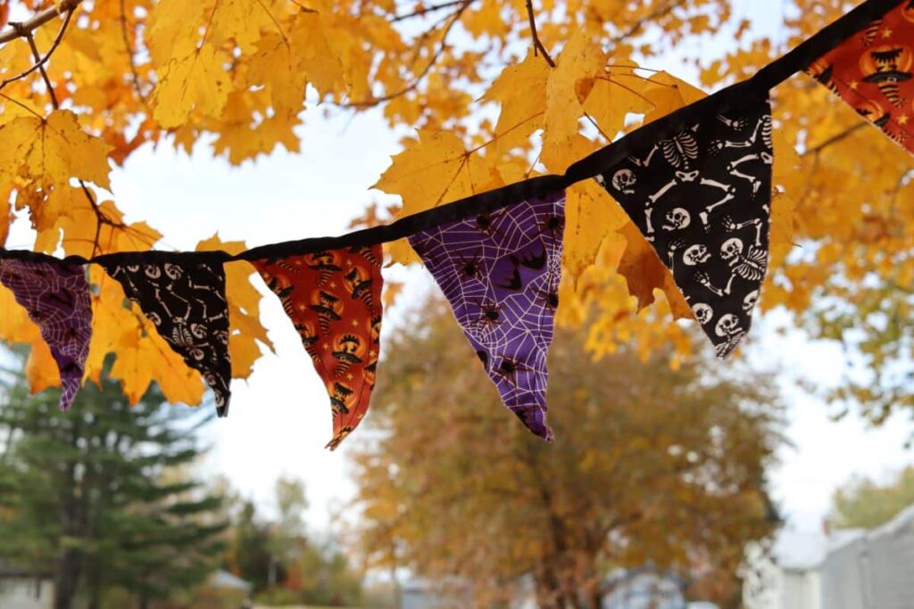 handmade halloween bunting hanging outdoors