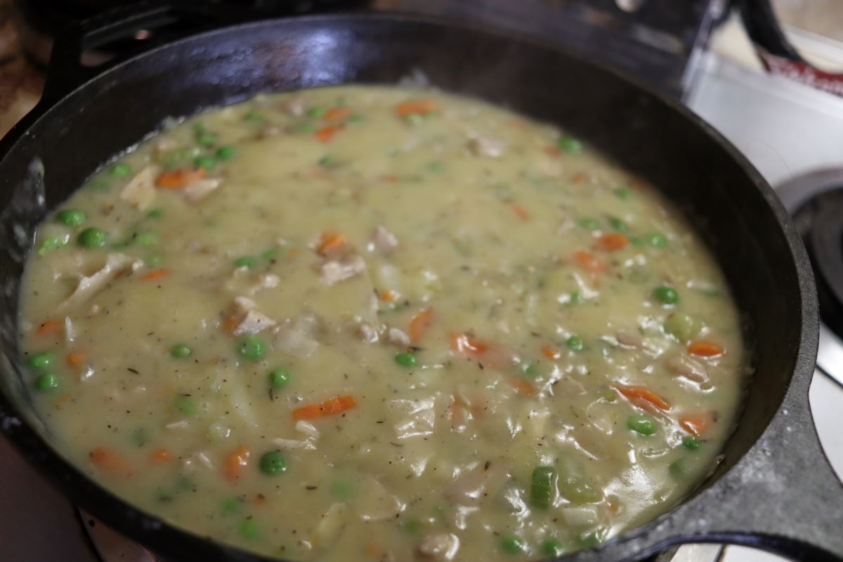 Cast iron skillet full of turkey and vegetables in a gravy sauce.