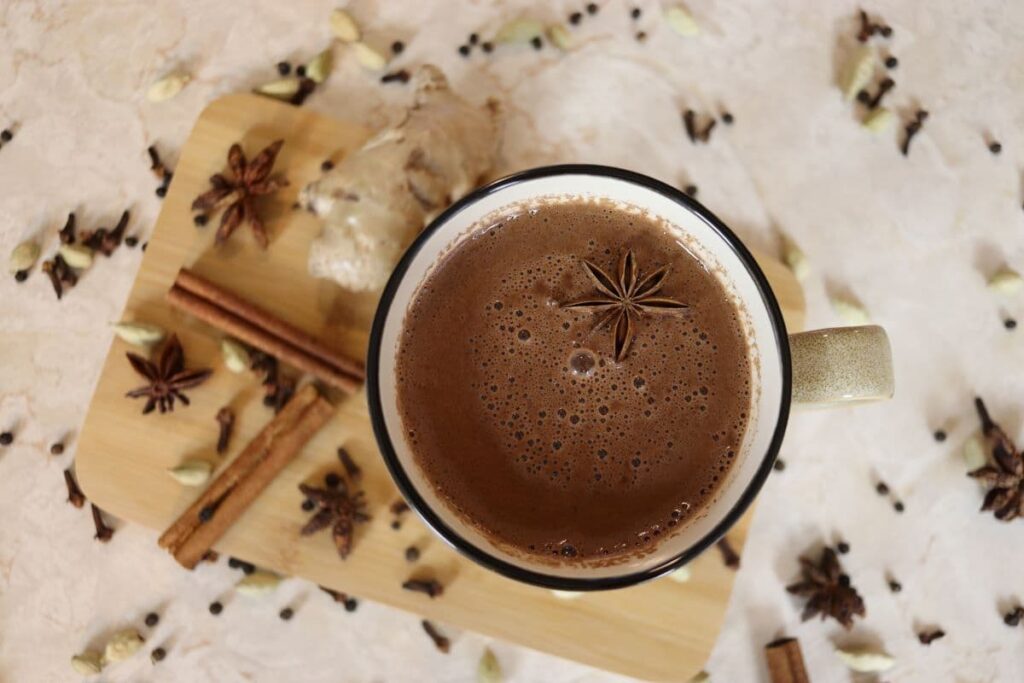 overhead view of a cup of chai spiced cacao