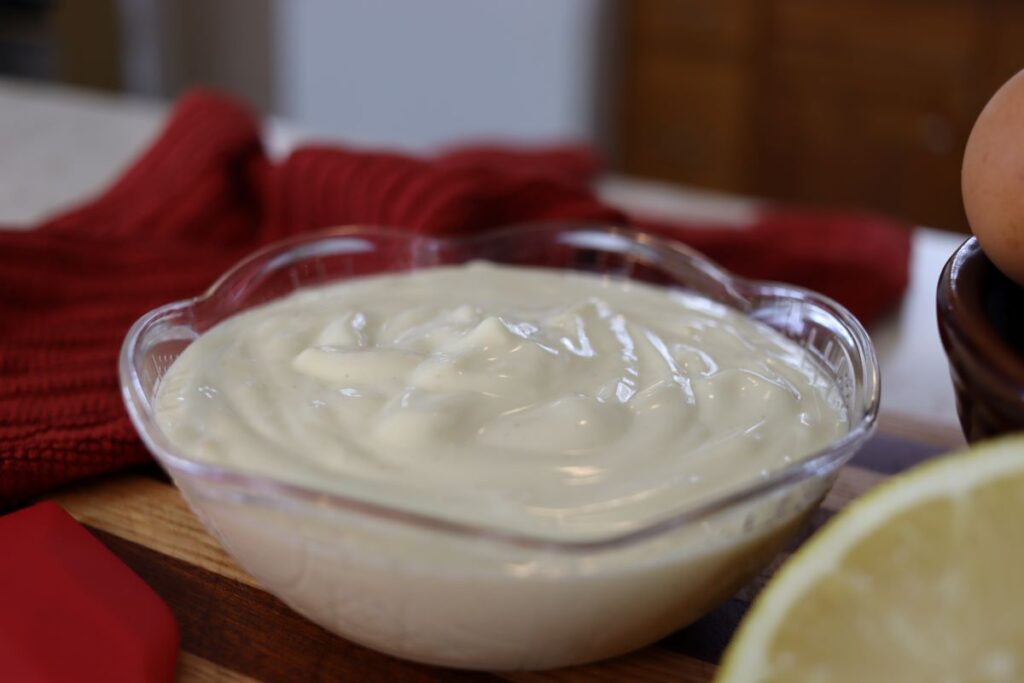 homemade mayonnaise in a dish on a counter