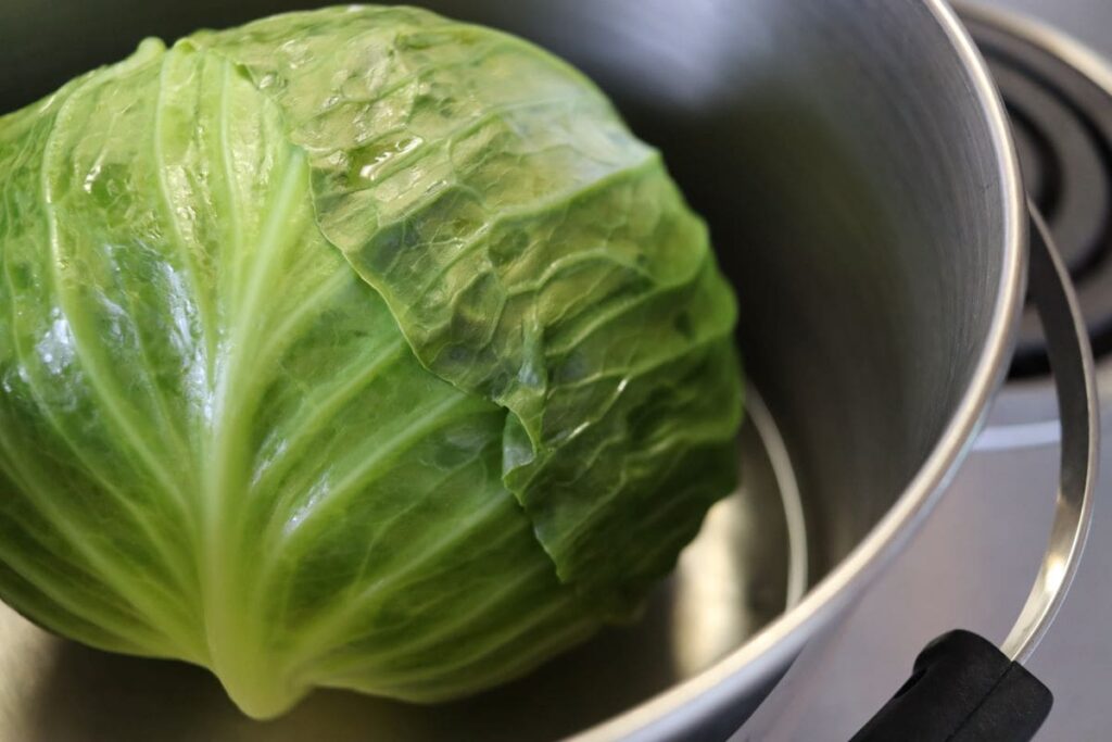 steamed head of cabbage for a stuffed cabbage skillet recipe