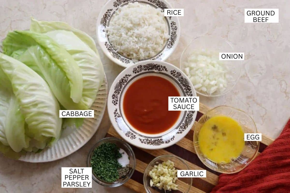 Ingredients for stuffed cabbage rolls: cabbage leaves, cooked rice, ground beef, chopped onion, tomato sauce, beaten egg, chopped garlic, and a mix of salt, pepper, and parsley, all labeled.