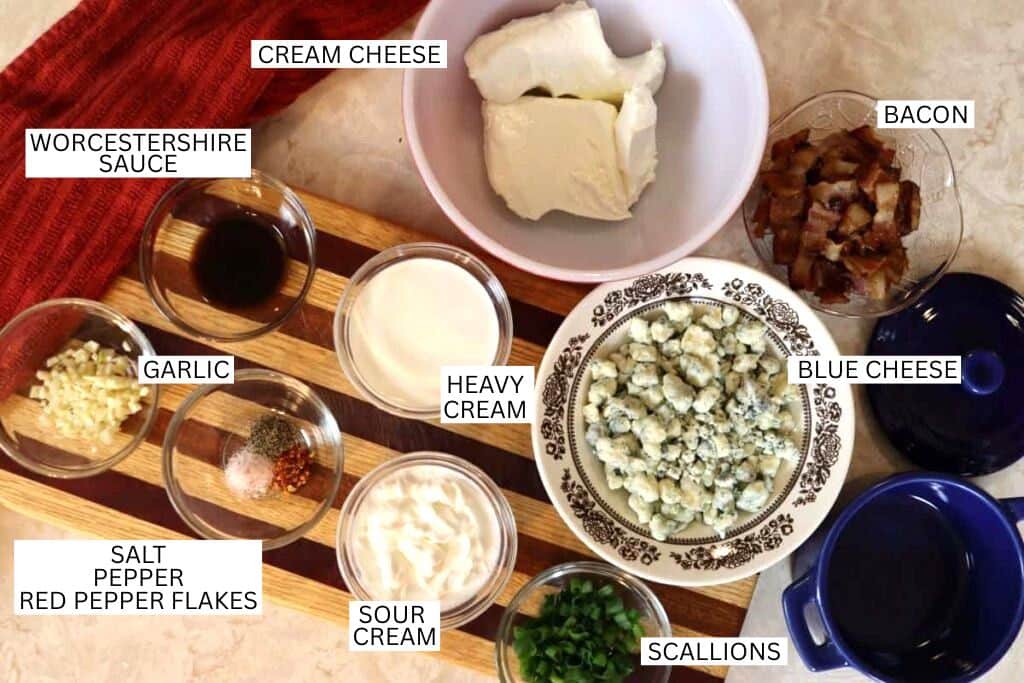 Labeled ingredients for a recipe, including cream cheese, blue cheese, bacon, Worcestershire sauce, garlic, heavy cream, sour cream, salt, pepper, red pepper flakes, and chopped scallions.