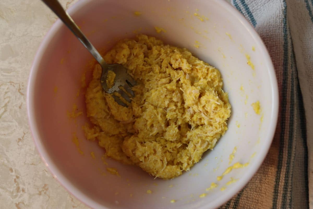 chicken, cornmeal, and egg mixed together in a bowl with a fork resting in it.