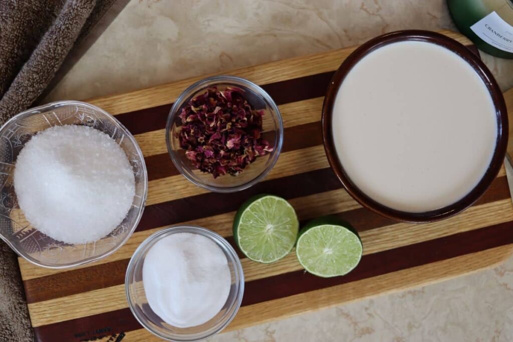 ingredients for rose lime and coconut homemade foot soaks