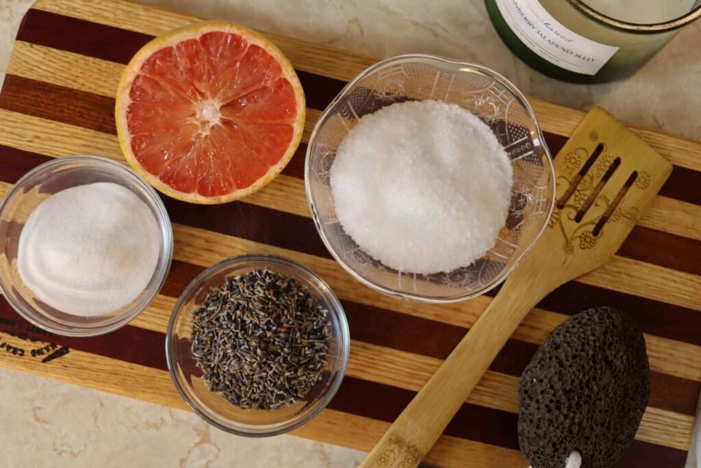 ingredients for a lavender and pink grapefruit homemade foot soaks