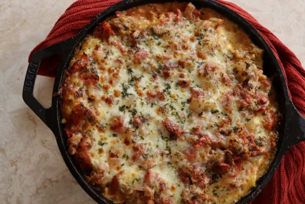overhead view of homemade cast iron skillet lasagna