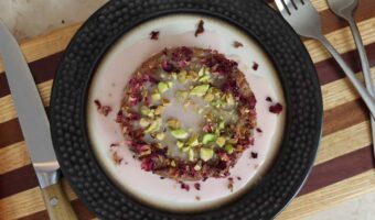 overview of homemade persian love cake on a plate