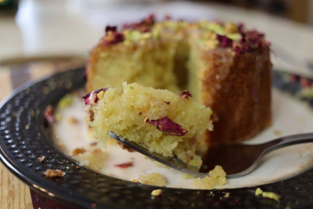 piece of a homemade persian love cake on a fork