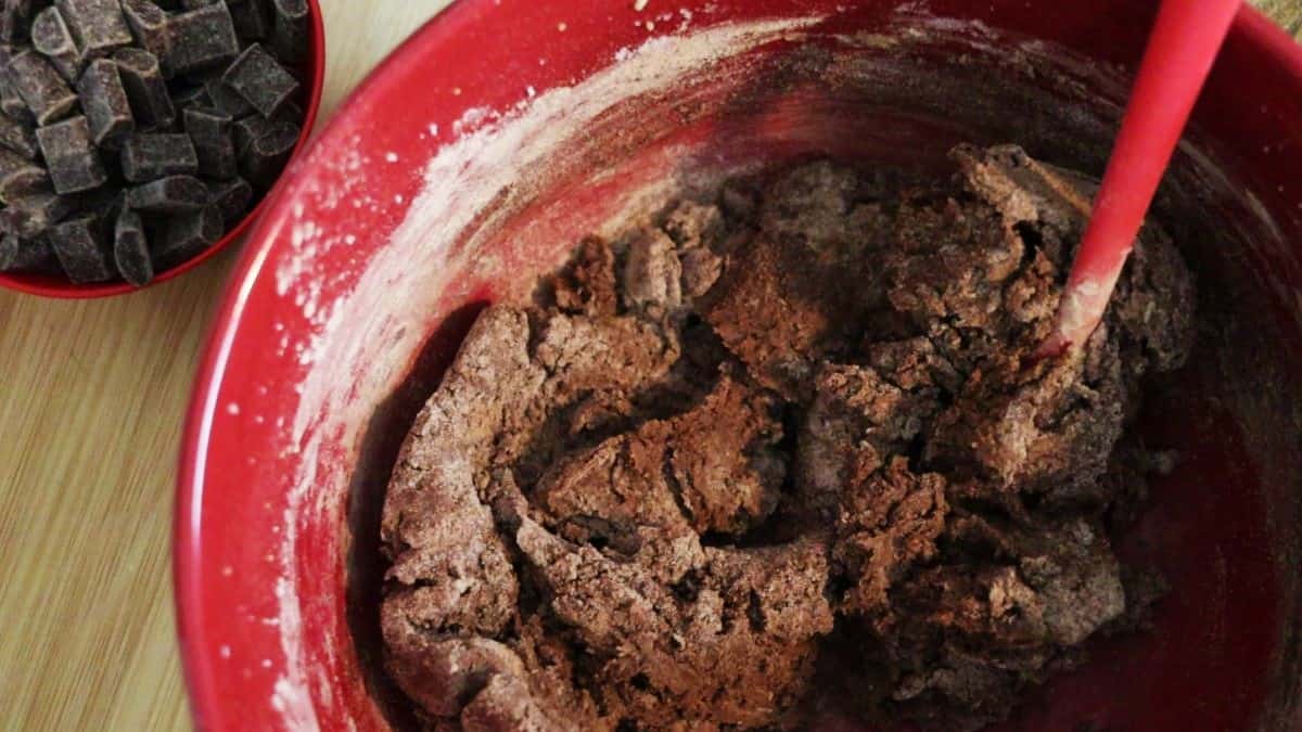 Dark brown batter in a red bowl.