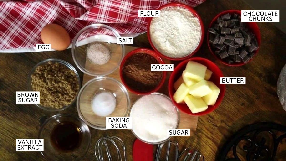 Labeled baking ingredients on a wooden table: egg, flour, chocolate chunks, butter, sugar, brown sugar, salt, cocoa, baking soda, and vanilla extract, with a red checked cloth in the background.
