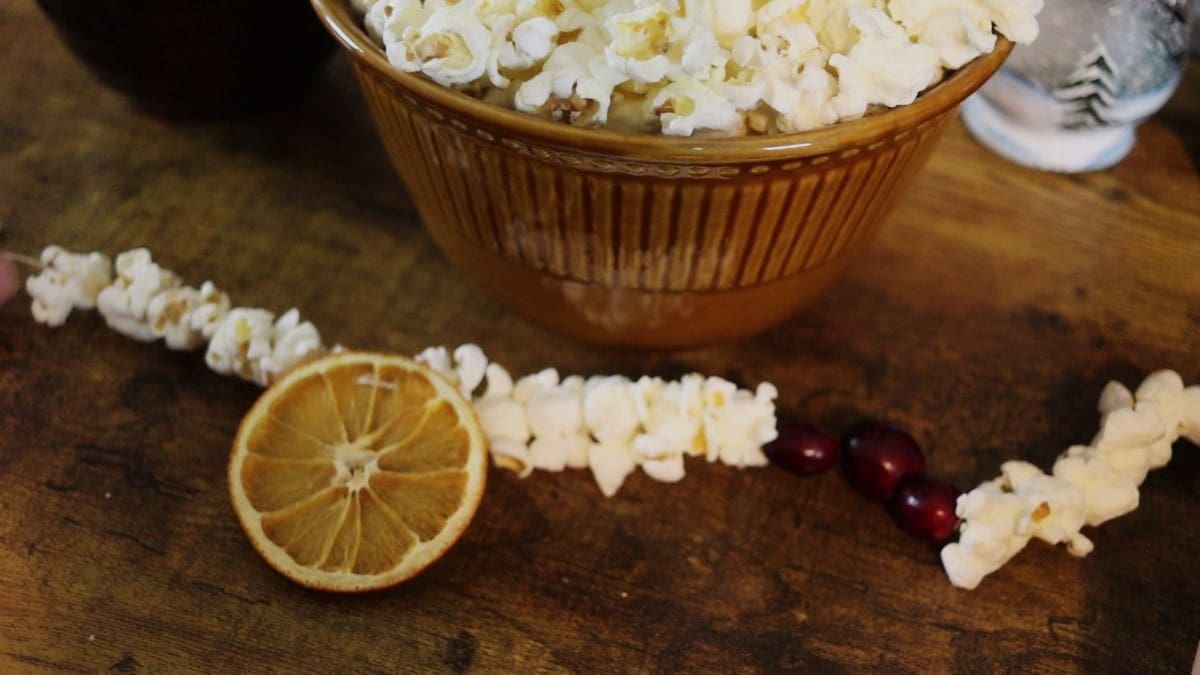 Garland made from popcorn, dried orange slices, and fresh cranberries laid across a wooden table with a bowl of popcorn visible in the background.