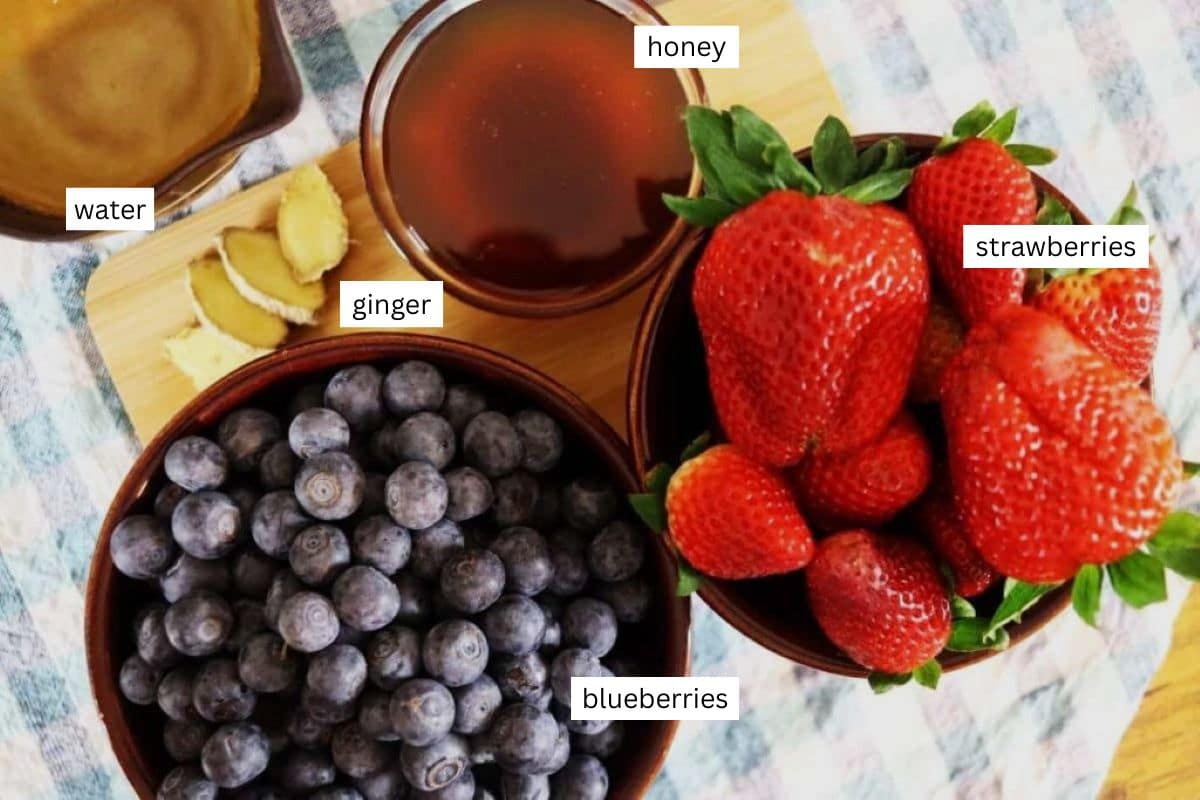 Bowls containing blueberries, strawberries, honey, water, and slices of ginger, all labeled. The ingredients are arranged on a wooden surface with a cloth underneath.