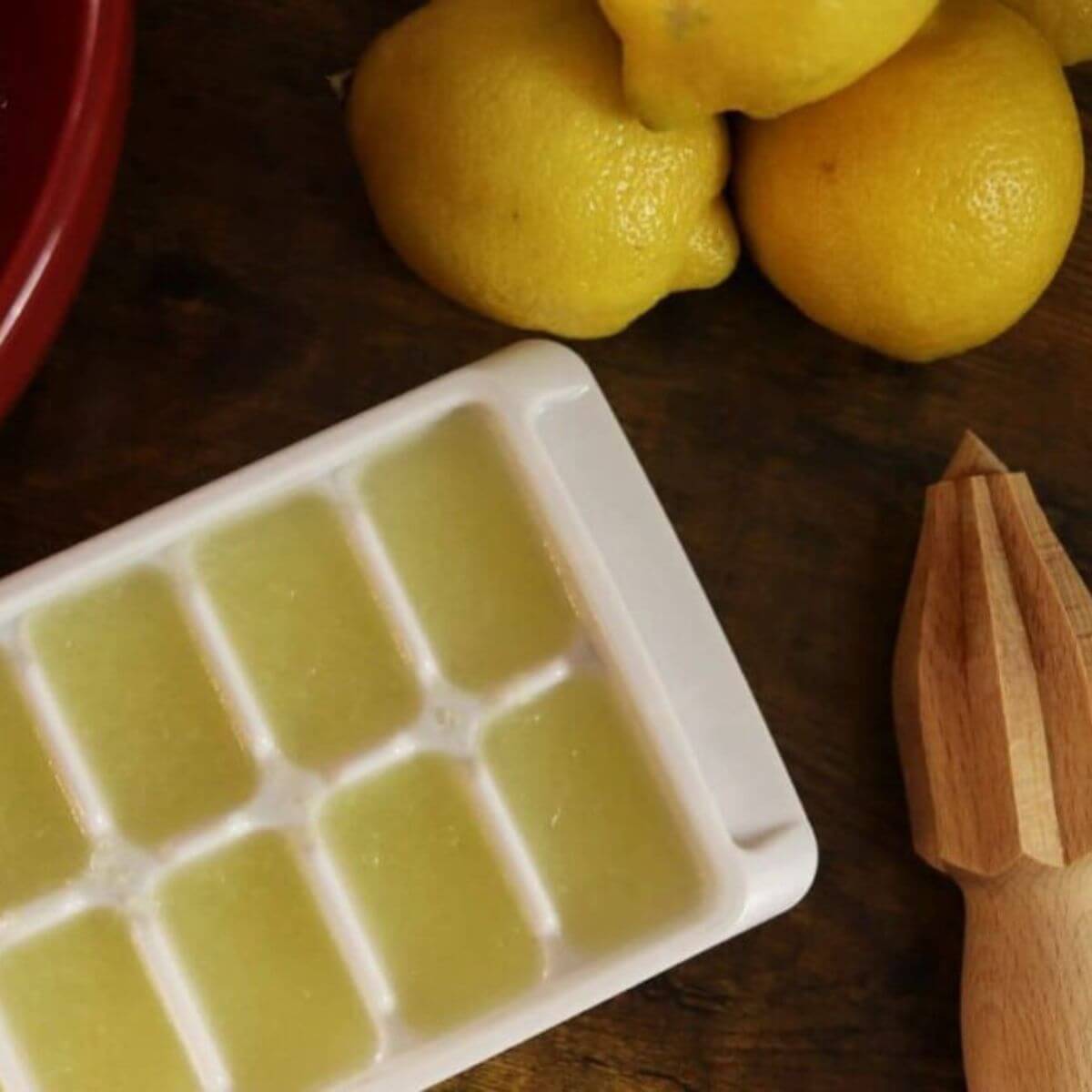 Ice cube tray filled with frozen lemon juice beside whole lemons and a wooden citrus reamer on a wooden table.