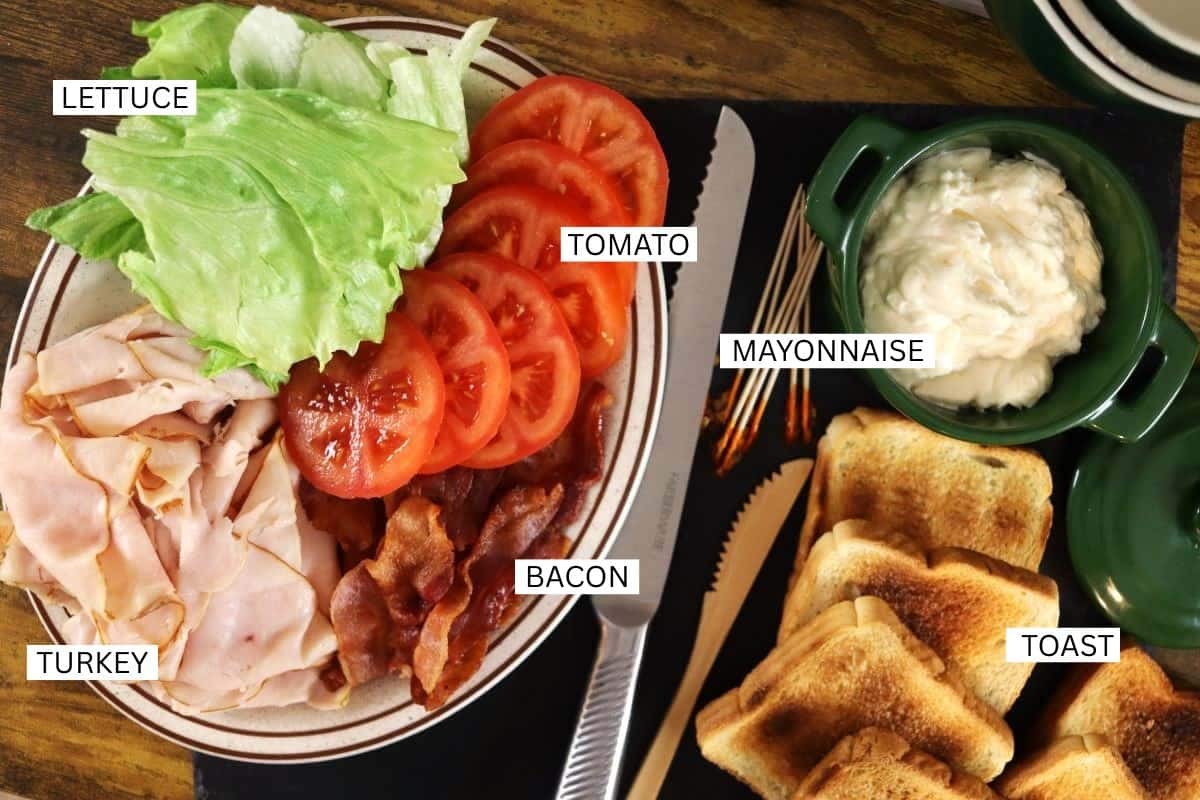 A plate with lettuce, sliced tomatoes, turkey, and bacon labeled; next to it are slices of toast, a knife, and a bowl of mayonnaise, also labeled. All items are arranged on a wooden surface.