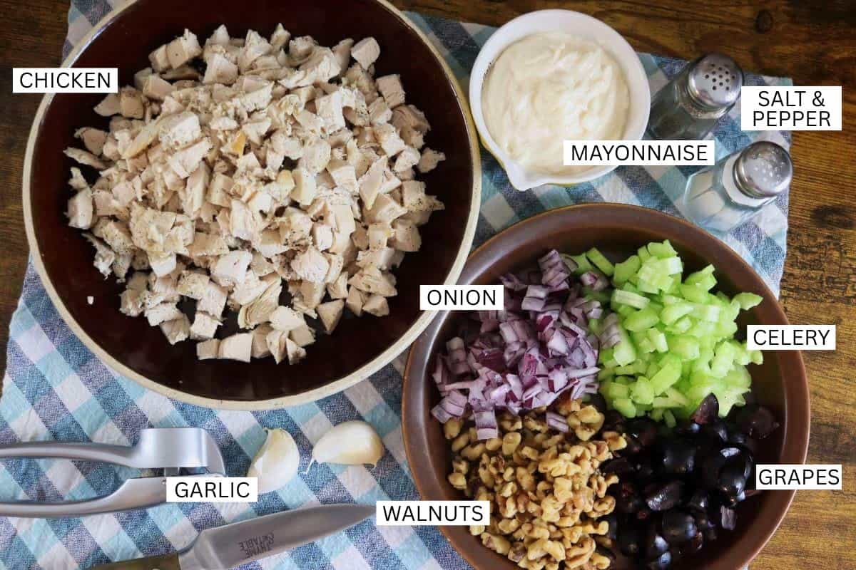 Two bowls on a checkered cloth: one with chopped chicken, the other with chopped onion, celery, grapes, walnuts. Nearby are garlic cloves, mayonnaise in a small bowl, and salt & pepper shakers. Labels identify each ingredient.