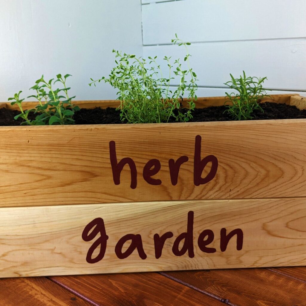 wooden box with herb garden painted on it and herbs planted in it.