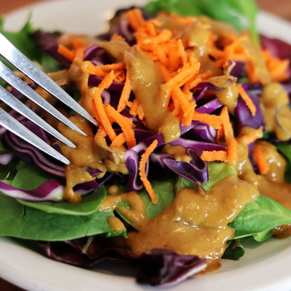 lettuce, red cabbage, and carrrot salad topped with spicy peanut dressing.