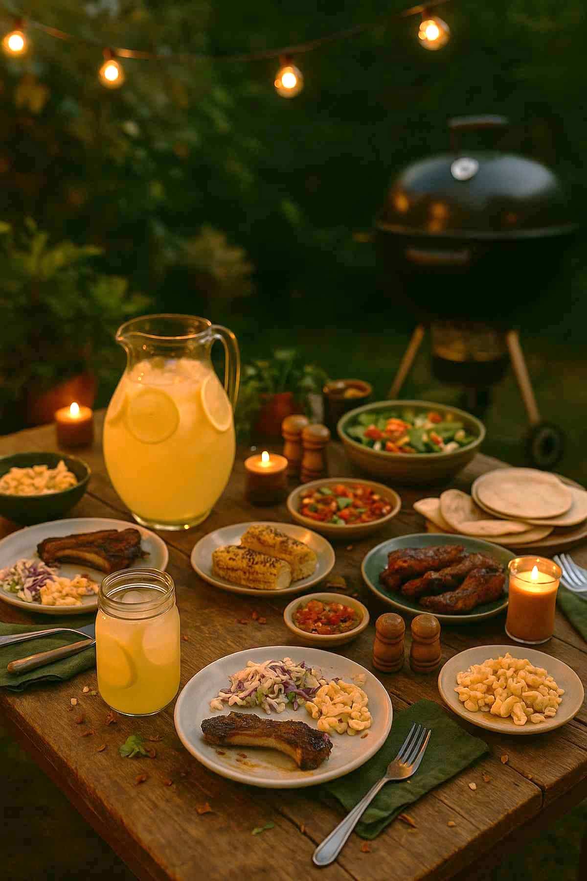 A wooden table set outdoors at dusk with plates of barbecue, corn, pasta salad, and lemonade; candles, string lights, and a grill in the background create a warm, inviting atmosphere.