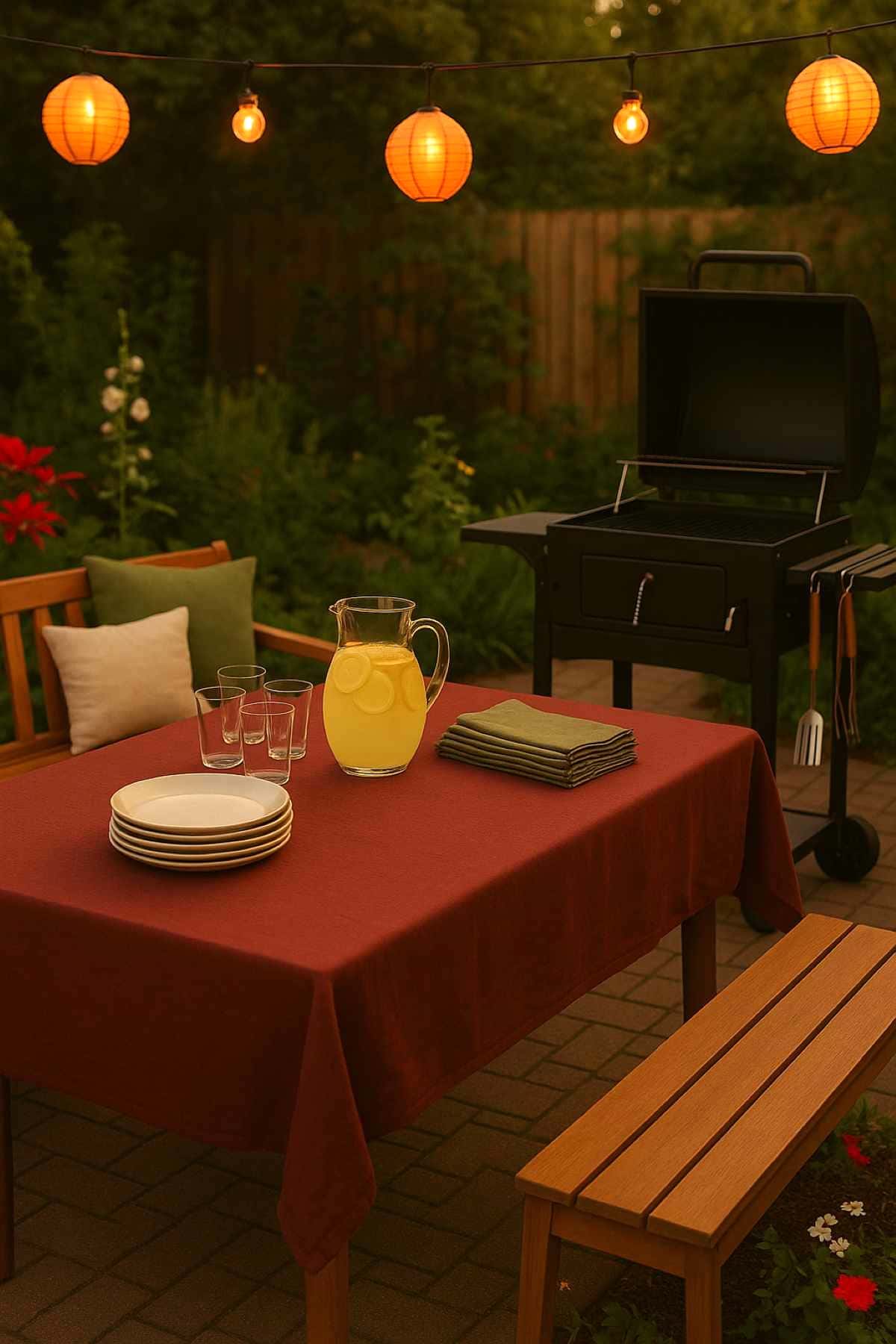 A backyard patio setup with a table covered in a red tablecloth, stacked plates, glasses, a pitcher of lemonade, and napkins. String lights and a grill are in the background, surrounded by greenery.