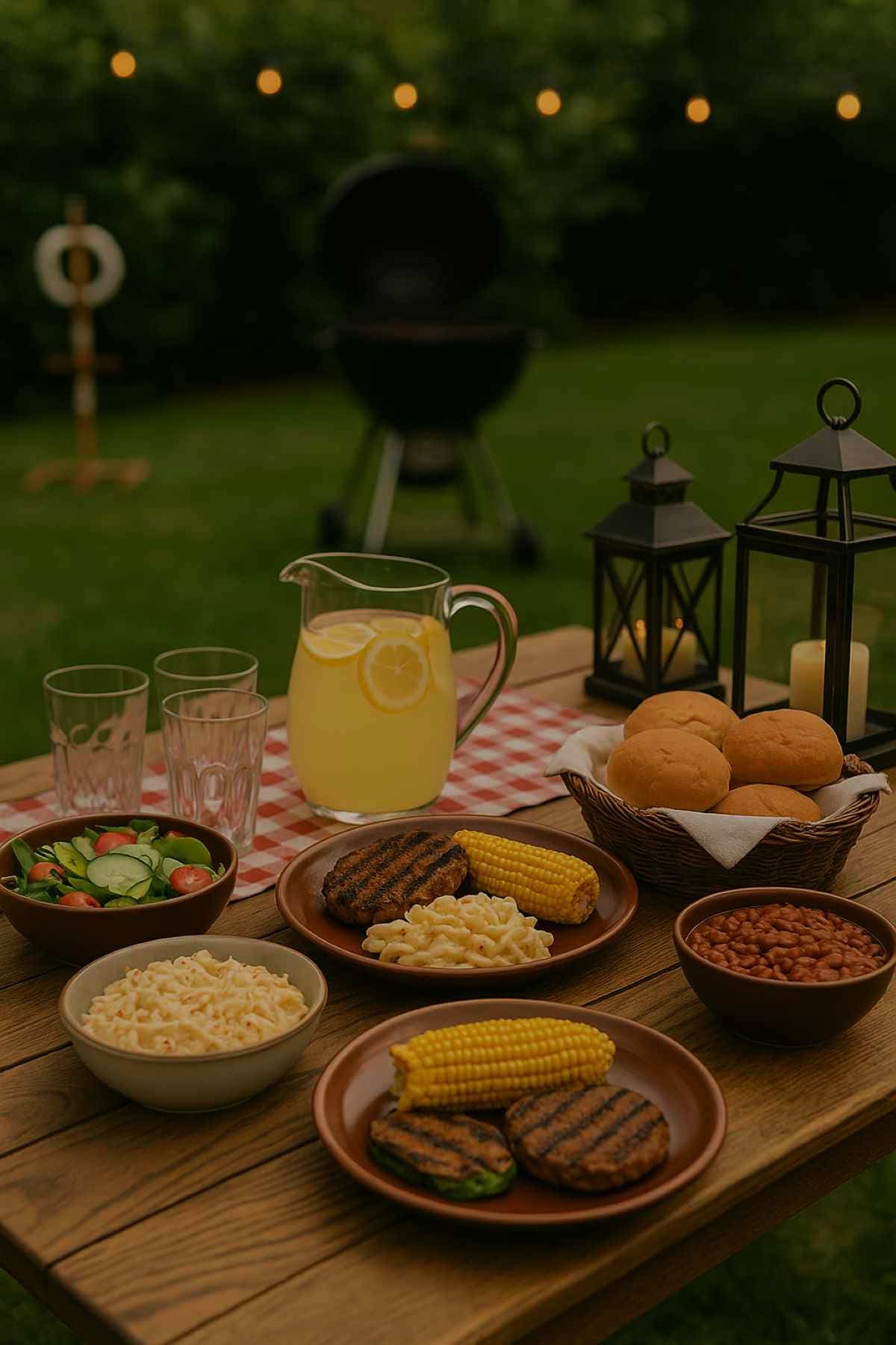A picnic table set outdoors with grilled burgers, corn on the cob, baked beans, pasta salad, a bowl of salad, a pitcher of lemonade, glasses, bread rolls, and lanterns; a grill is visible in the background.