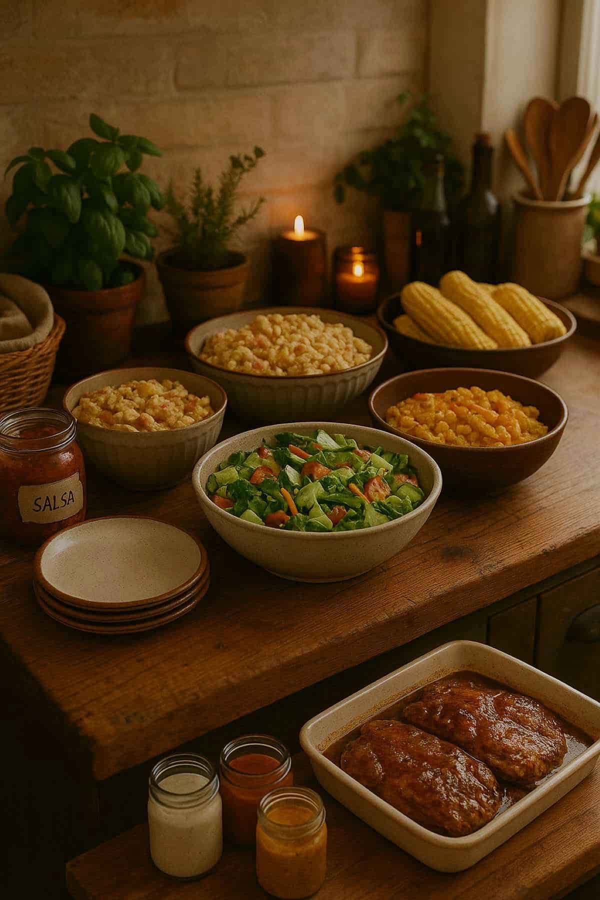 A wooden table set with bowls of macaroni and cheese, corn on the cob, salad, baked beans, plates, jars of sauce, and a dish of glazed chicken, with candles and potted plants in the background.