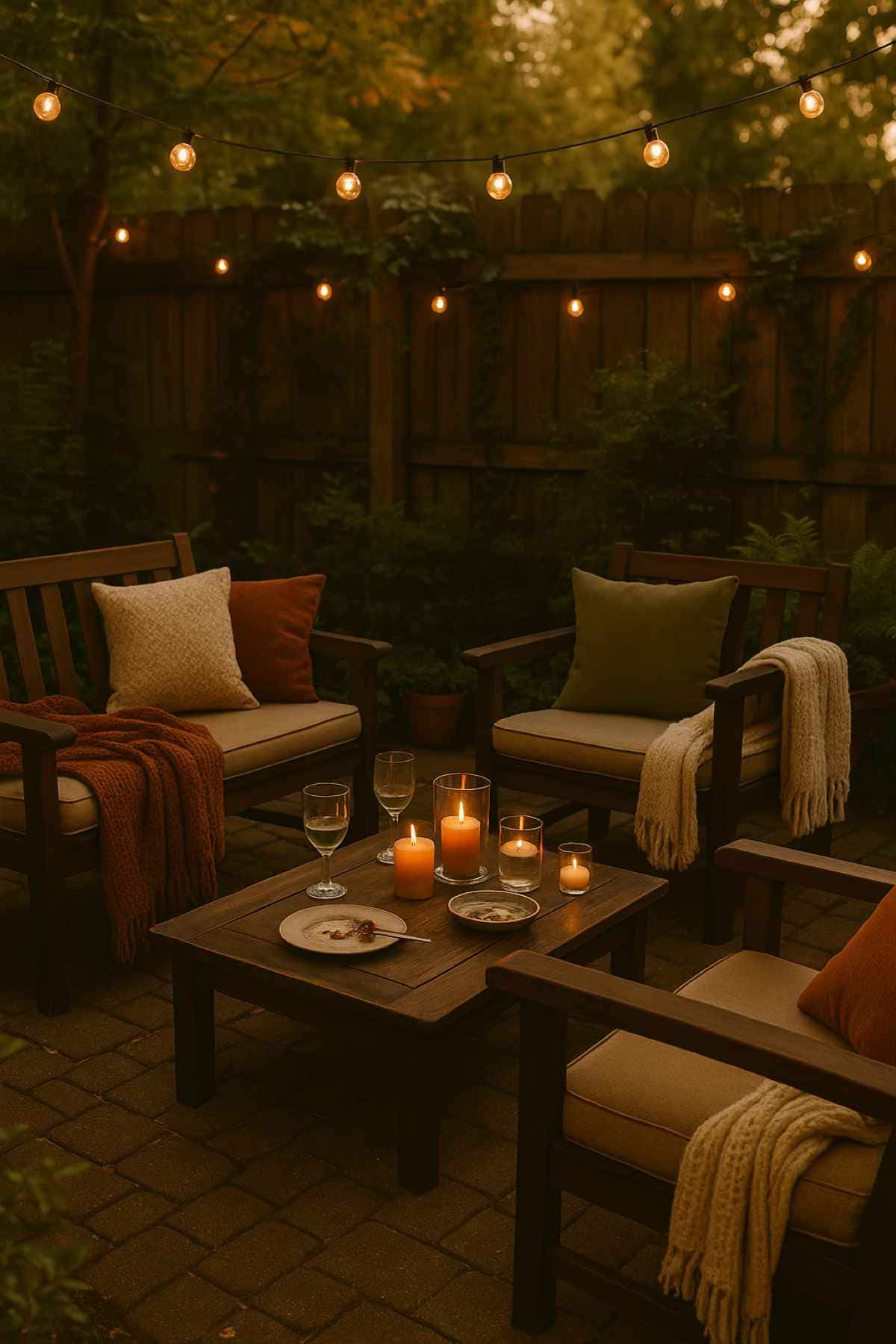 A cozy outdoor patio with wooden furniture, throw blankets, and pillows. Lit candles and plates with snacks sit on a table, surrounded by string lights hanging overhead, creating a warm, inviting evening atmosphere.