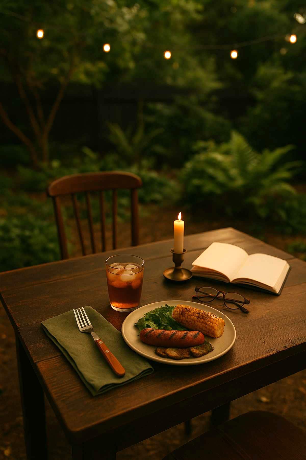 A wooden table outdoors with a plate of grilled sausages, corn, and vegetables, a glass of iced tea, a lit candle, an open book, and glasses; string lights and greenery in the background.