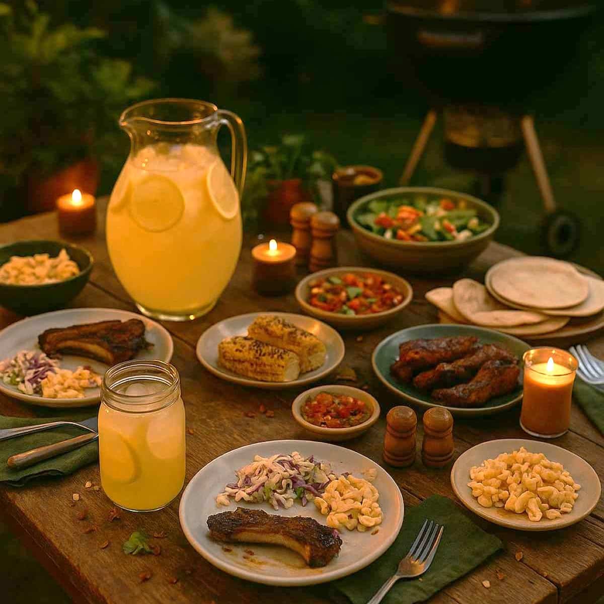 A rustic outdoor table set for a meal with BBQ ribs, corn on the cob, macaroni salad, fresh salad, salsa, tortillas, lemonade in a pitcher and glass, and lit candles, with a grill visible in the background.