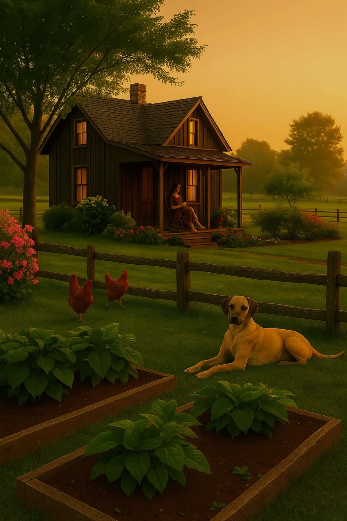 A peaceful rural scene at sunset with a woman reading on a porch, a dog lying on grass, two chickens by vegetable beds, and flowers, all in front of a small wooden house surrounded by trees and a fence.