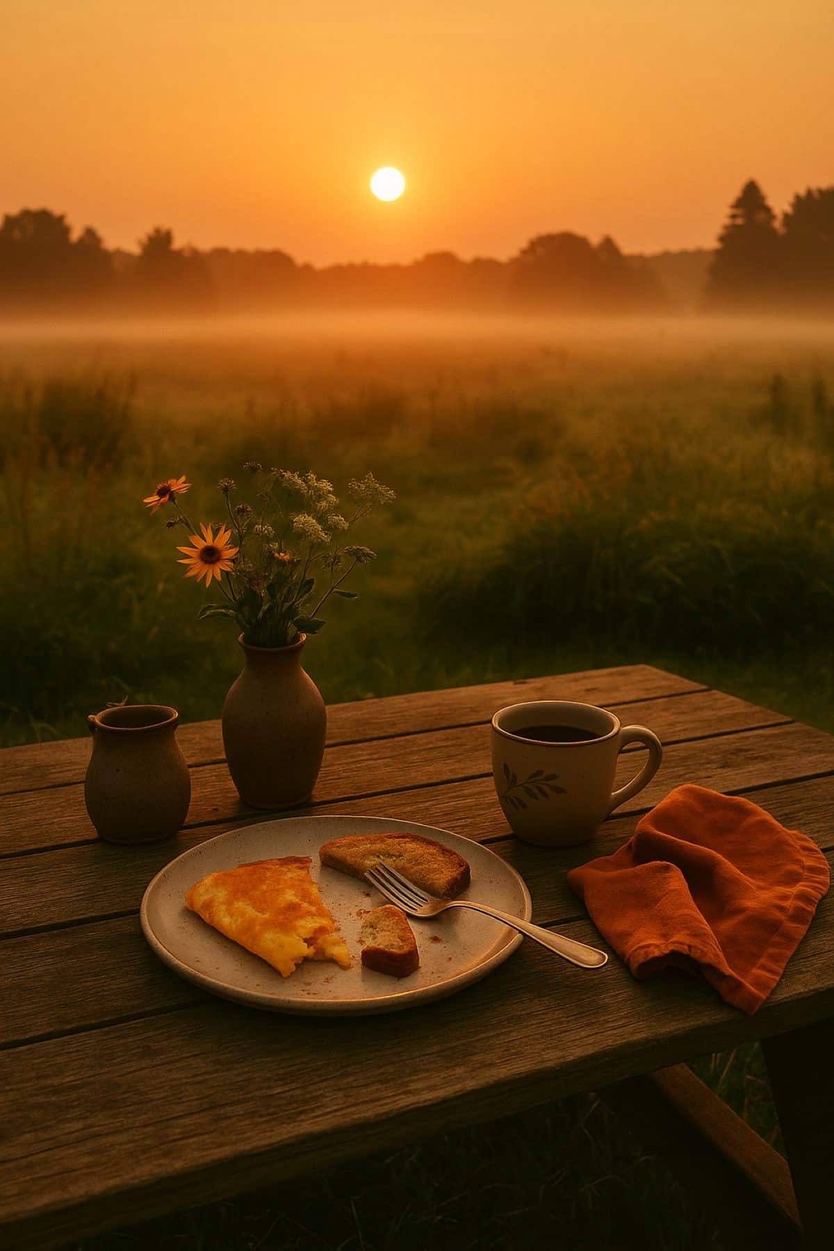 A rustic wooden table outdoors at sunrise, set with a plate of omelette and toast, a cup of coffee, small vases with wildflowers, and an orange napkin, overlooking a misty field and trees.