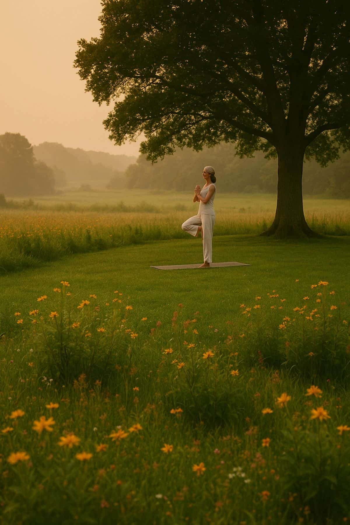 A person practices yoga in tree pose on a mat in a grassy field with yellow wildflowers, near a large tree, under a hazy sky at sunrise or sunset.