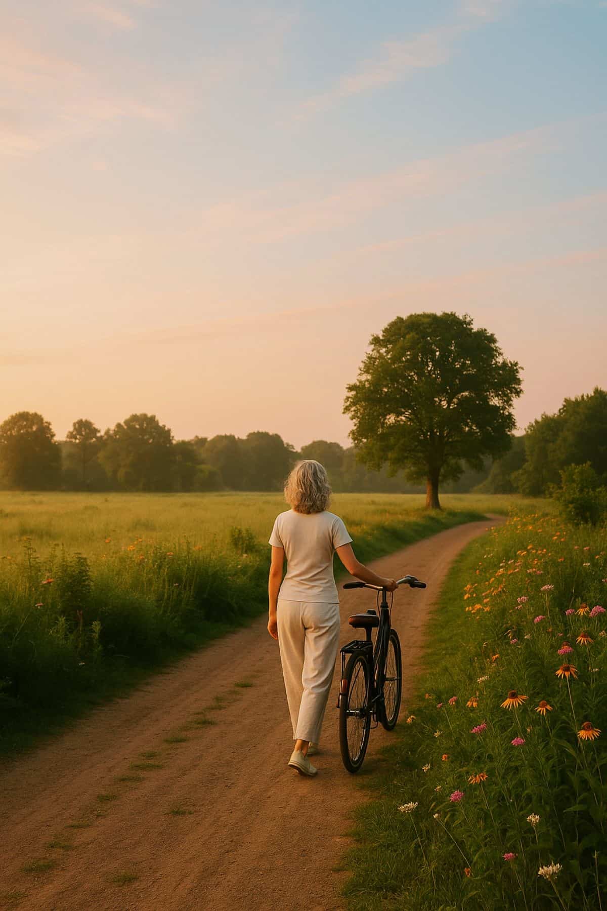 A person with short, light hair walks a bicycle down a dirt path through a green field with wildflowers, under a warm sunset sky, with trees in the background.