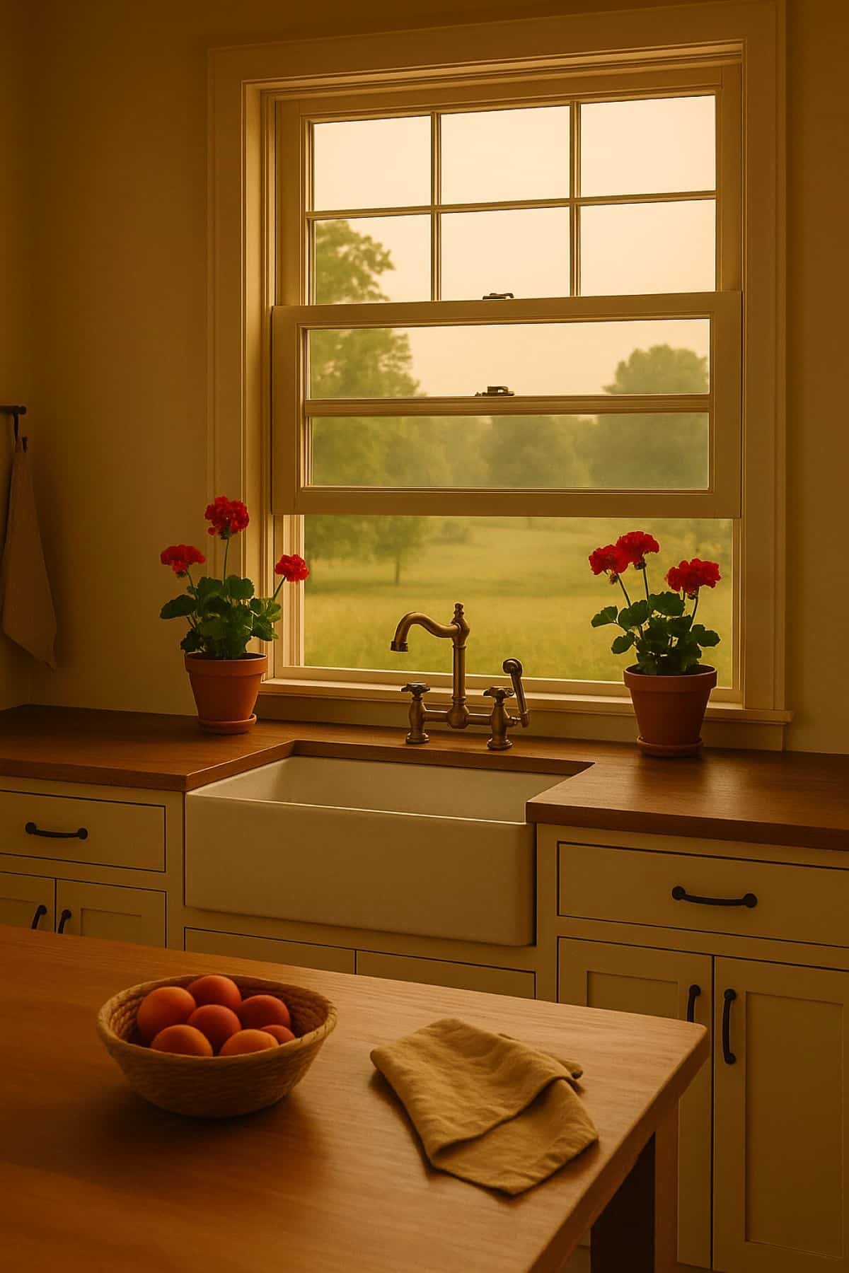 A cozy kitchen with a white farmhouse sink, two potted red geraniums on the windowsill, a wooden countertop, a basket of eggs, and a yellow cloth. Outside the open window, green trees and grass are visible.