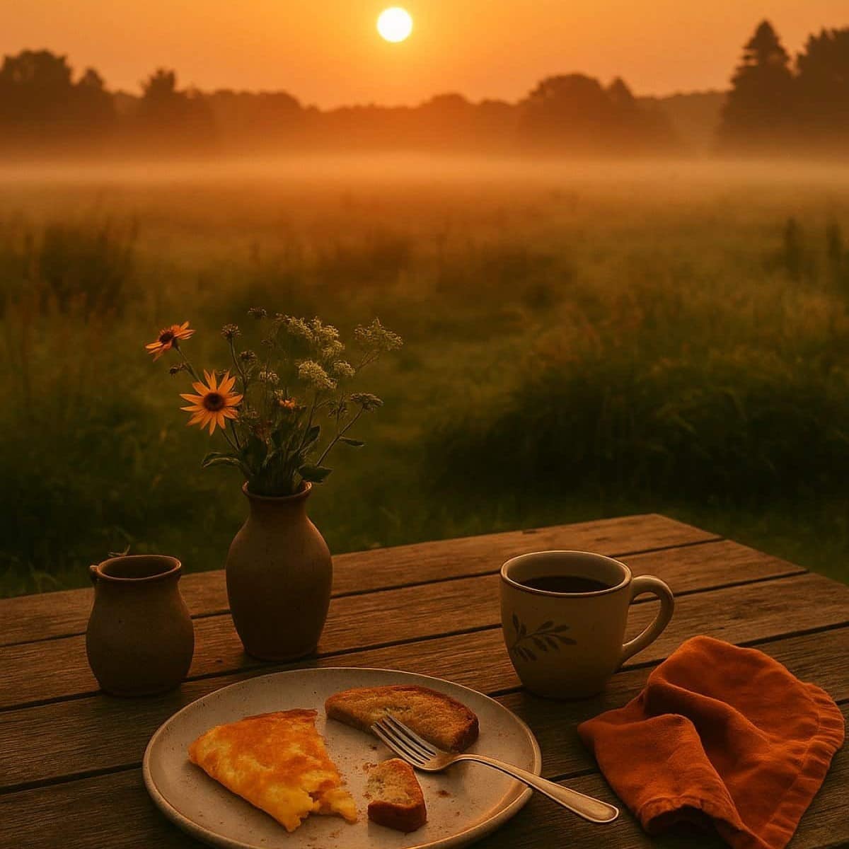 A breakfast scene on a wooden table with coffee, a plate of omelet and toast, a fork, a napkin, and a small flower vase, set outdoors at sunrise with misty fields and trees in the background.