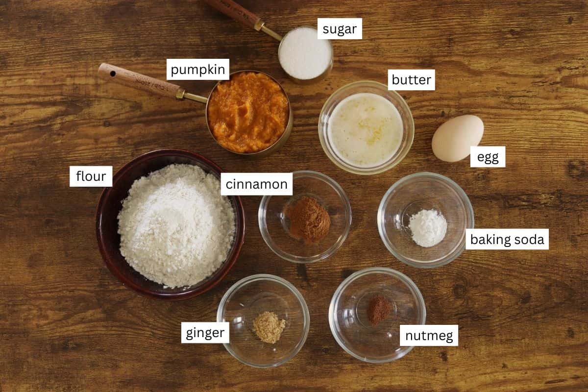 A variety of baking ingredients on a wooden surface, each labeled: flour, sugar, butter, egg, pumpkin puree, baking soda, cinnamon, ginger, and nutmeg in individual bowls or measuring cups.