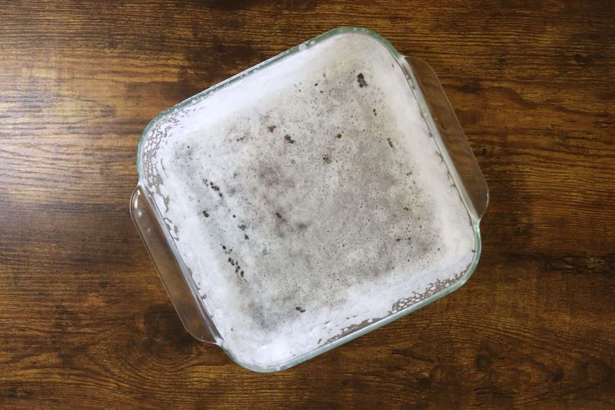 Square glass baking dish covered in a white foam.