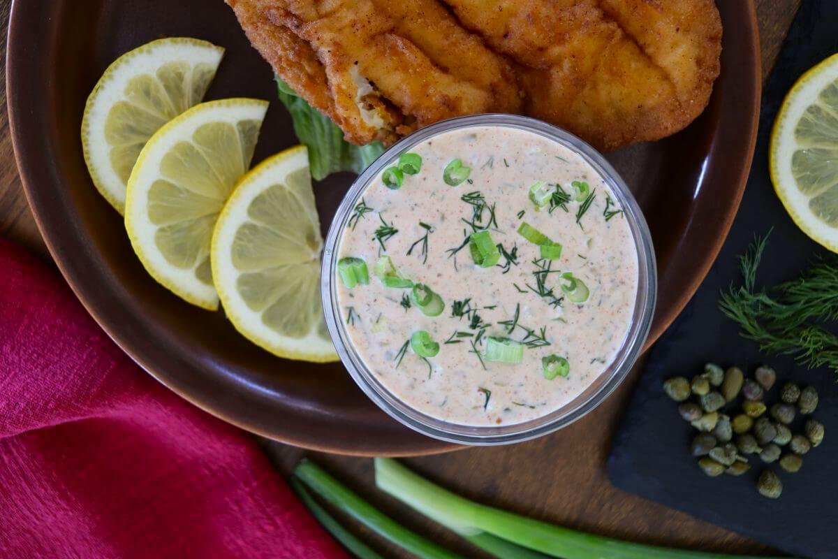 A bowl of creamy dipping sauce topped with chopped green onions and dill, surrounded by lemon slices, fried fish fillet, capers, fresh dill, green onions, and a red napkin on a wooden surface.
