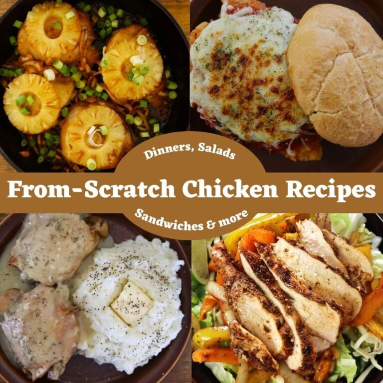 Four-panel collage of chicken dishes with center banner text “From-Scratch Chicken Recipes, dinners, salads, sandwiches & more".
