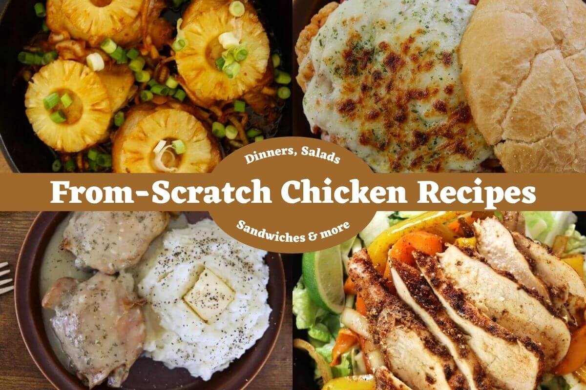 Collage of chicken dishes with text overlay reading “From-Scratch Chicken Recipes, dinners, salads, sandwiches & more".