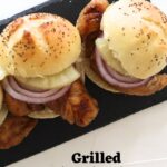 Grilled teriyaki chicken sliders with pineapple and red onion on rolls, text reads “Grilled Teriyaki Chicken Sliders".